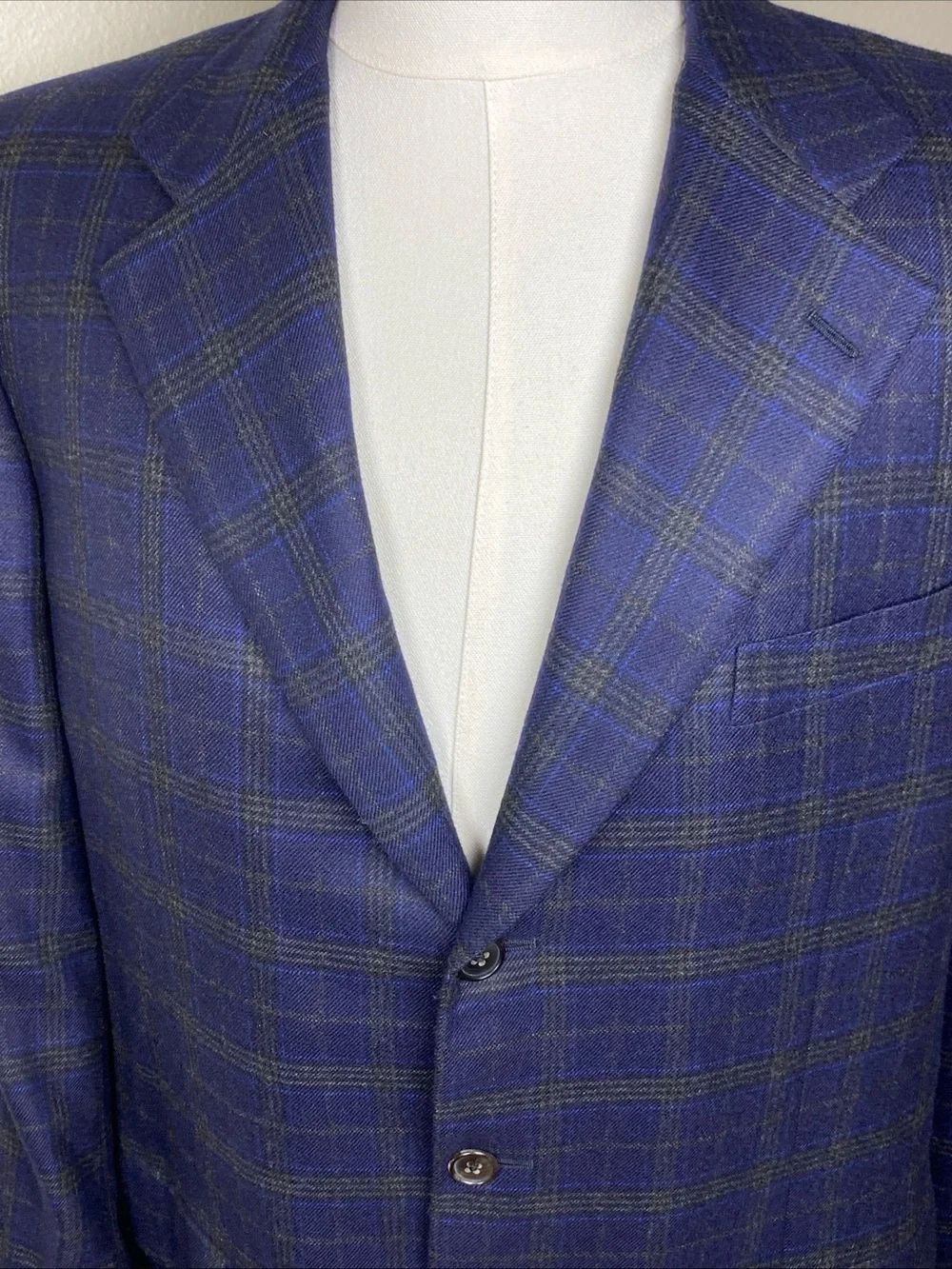 Belvest Cashmere Men’s 44L Blue Brown Windowpane Plaid Three‎ Button Made Italy